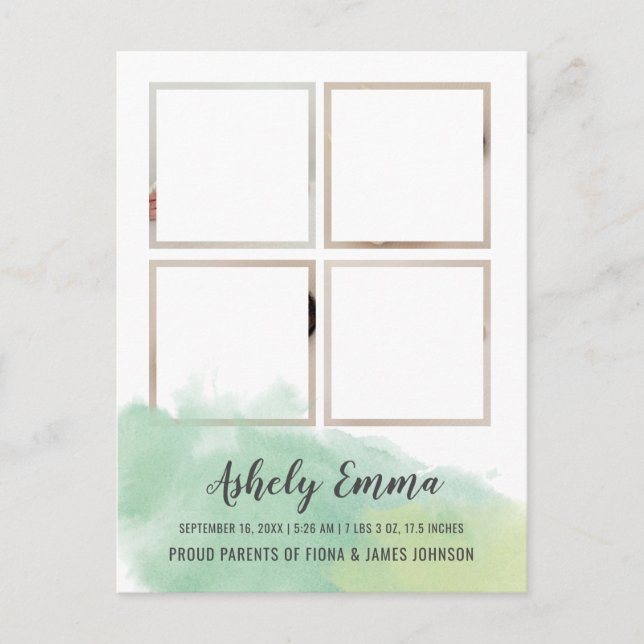 Elegantes grünes Foto Geburtshinweis Postkarte (Vorderseite)