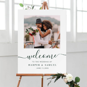 Elegantes grünes Foto Hochzeit Willkommen Poster