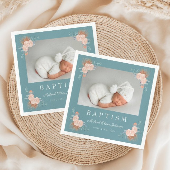 Elegantes grünes Foto Taufe Serviette (Elegant Green Floral Photo Baptism Napkins)