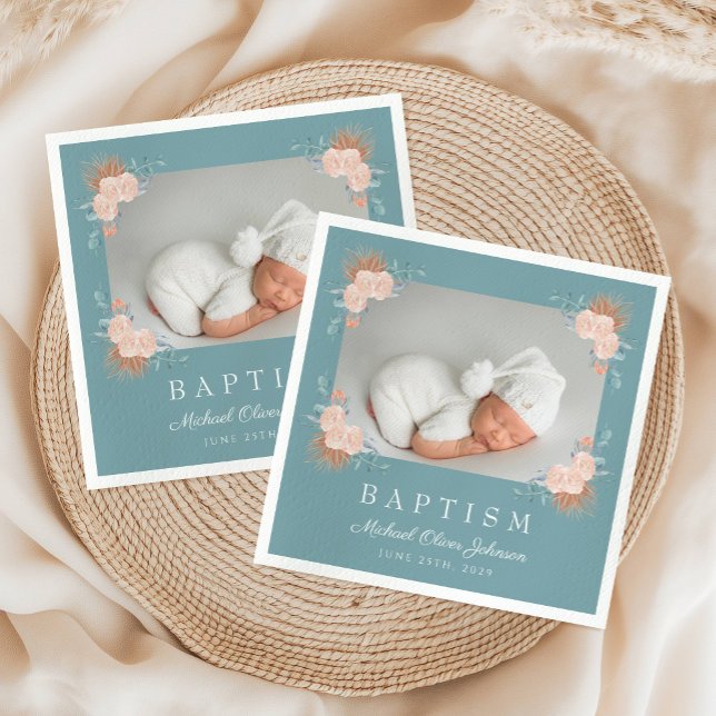 Elegantes grünes Foto Taufe Serviette (Elegant Green Floral Photo Baptism Napkins)