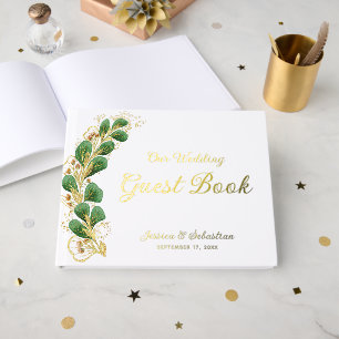Elegantes Grünes Foto Weiß und Gold Hochzeit Gästebuch