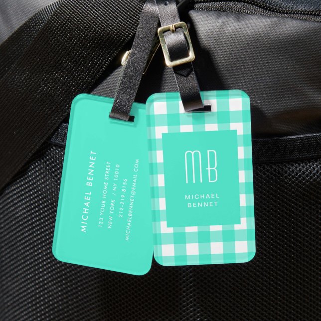 Elegantes grünes Gingham-Monogramm Gepäckanhänger (Elegant Green Gingham Monogram Luggage Tag)