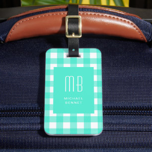 Elegantes grünes Gingham-Monogramm Gepäckanhänger