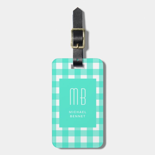 Elegantes grünes Gingham-Monogramm Gepäckanhänger (Vorderseite vertikal)