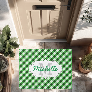 Elegantes grünes Gingham-Muster personalisierter N Fußmatte