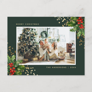 Elegantes grünes Gold Watercolor Holly Foto Feiertagspostkarte
