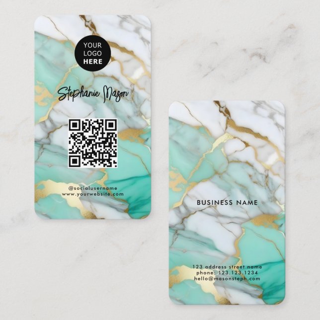 Elegantes grünes Goldmarmor-Logo & QR-Code Modern Visitenkarte (Vorne/Hinten)