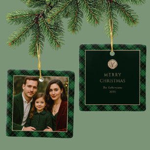 Elegantes grünes Karo personalisiertes Foto Keramikornament