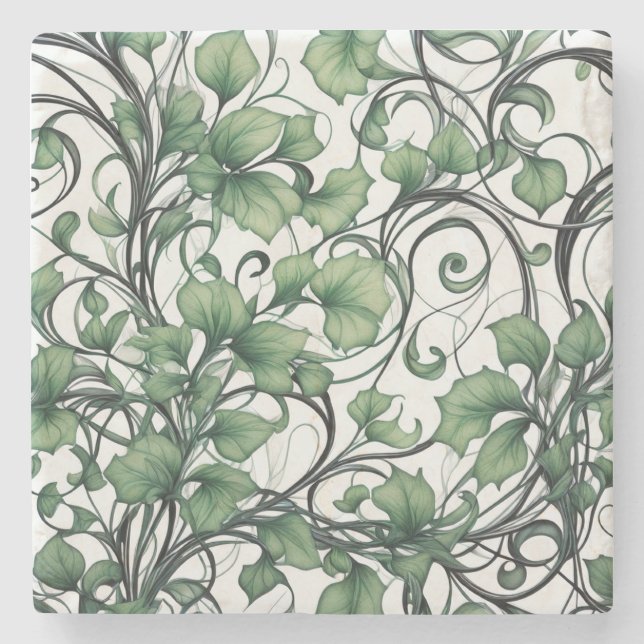 Elegantes grünes Leaf- und Weinmuster Steinuntersetzer (Vorderseite)