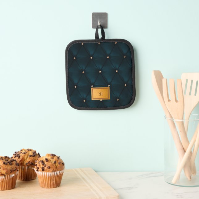 Elegantes grünes Leder, Diamanten, Monogramm Topflappen (Insitu (Hängend))