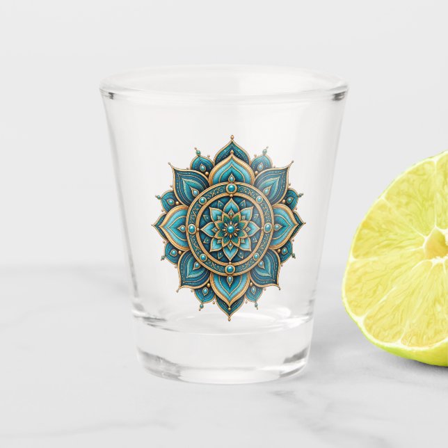 Elegantes grünes Mandala-Blumenmuster-Geometrie-De Schnapsglas (Vorderseite)