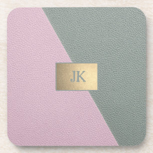 Elegantes grünes rosa Leder mit Monogramm Getränkeuntersetzer