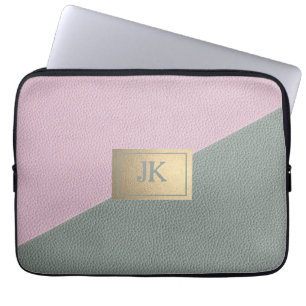Elegantes grünes rosa Leder mit Monogramm Laptopschutzhülle