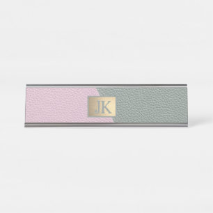 Elegantes grünes rosa Leder mit Monogramm Schreibtischnamensplakette