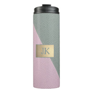 Elegantes grünes rosa Leder mit Monogramm Thermosbecher