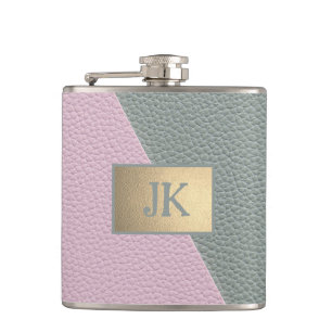 Elegantes grünes rosa Leder Monogramm Flachmann