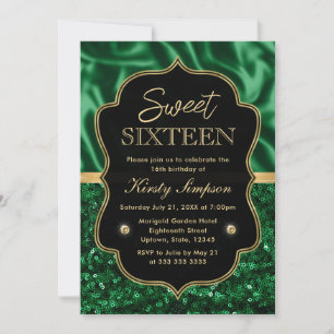 Elegantes grünes Satin & Glitter Goldrahmen Sweet  Einladung