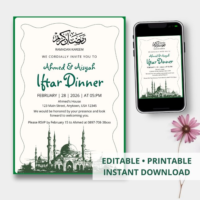 Elegantes grünes Skizzen-Moschee-Iftar-Dinner Einladung (Von Creator hochgeladen)