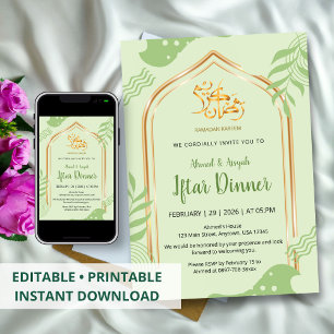 Elegantes grünes und goldenes florales Iftar-Dinne Einladung