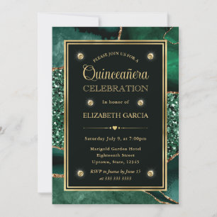 Elegantes grünes und goldenes Glitter-Achat-Quince Einladung