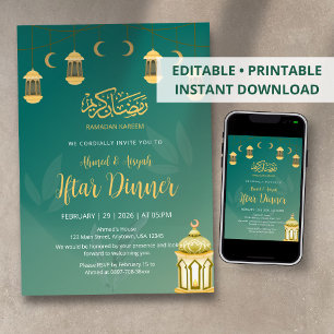 Elegantes grünes und goldenes Laternen-Iftar-Dinne Einladung