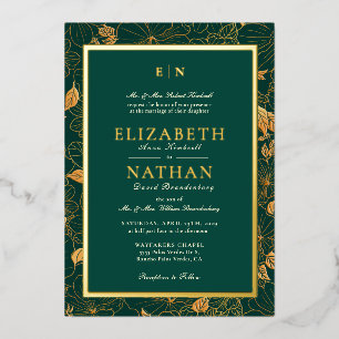 Elegantes grünes und goldenes Laub Hochzeit Folieneinladung
