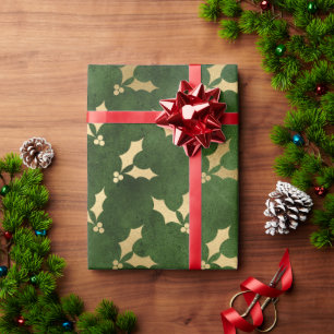Elegantes grünes und goldenes Weihnachts-Stechpalm Geschenkpapier