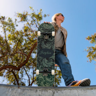 Elegantes grünes vintage Damast-Blumenmuster Skateboard