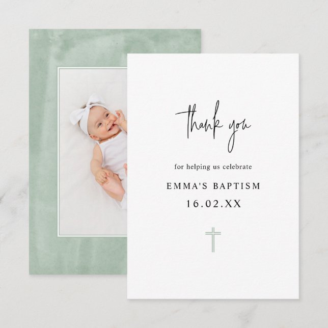 Elegantes grünes Wasser Minimalistisches Foto Tauf Dankeskarte (Vorne/Hinten)