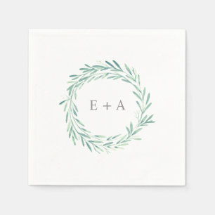 Elegantes Grünes Wasserfarben-Kränz-Monogramm Hoch Serviette