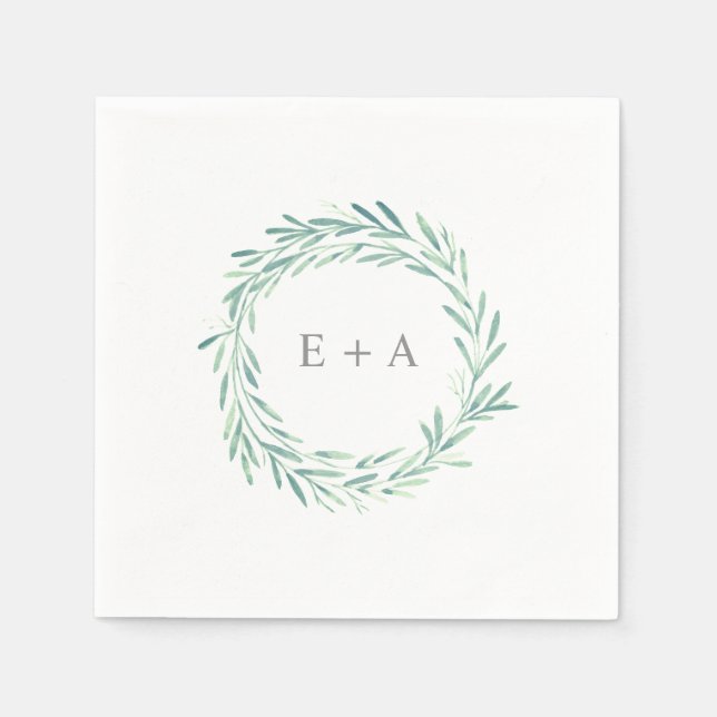 Elegantes Grünes Wasserfarben-Kränz-Monogramm Hoch Serviette (Vorderseite)