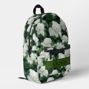 Elegantes grünes, weißes Blumenmuster personalisie Bedruckter Rucksack