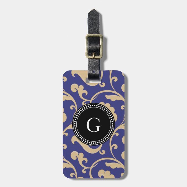 Elegantes gürtelblaues Blumenmuster Monogramm Gepäckanhänger (Vorderseite vertikal)