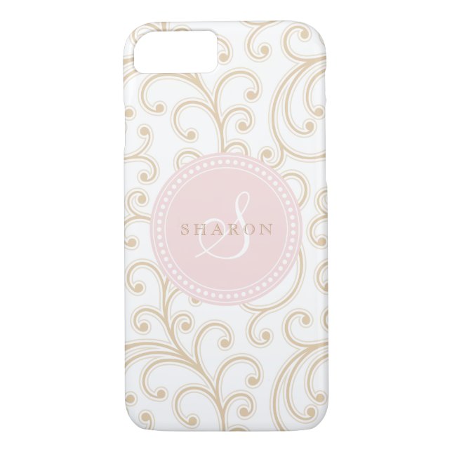 Elegantes gürtelgoldfarbenes Blumenmuster Monogram Case-Mate iPhone Hülle (Rückseite)