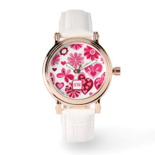 Elegantes gürtelrosa, blumenreiche Herzen, Monogra Armbanduhr