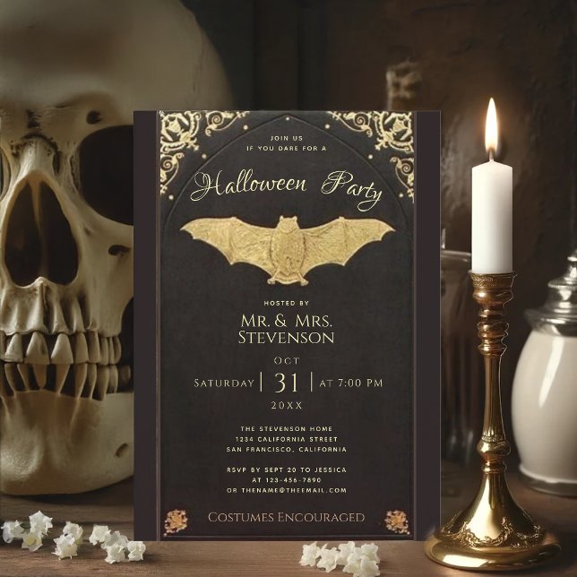 Elegantes Halloween Gold Bat Black Vintag Einladung (Von Creator hochgeladen)