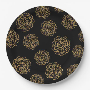 Elegantes Halloween Goldgelbe Blumen auf Schwarz Pappteller