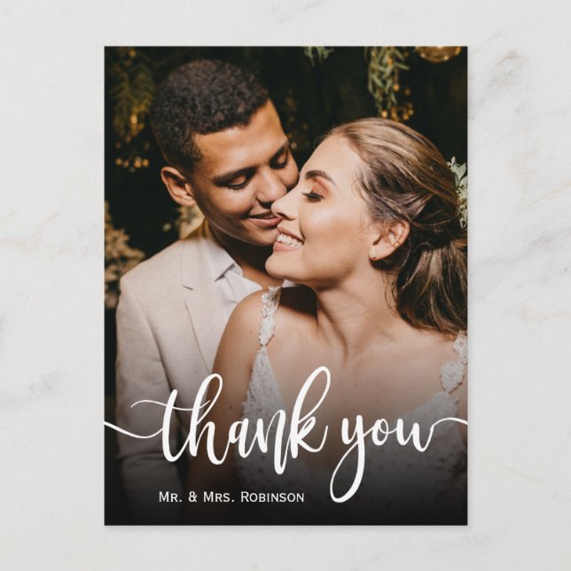 Elegantes Hand Lettering Wedding Foto Danke Postkarte (Vorderseite)