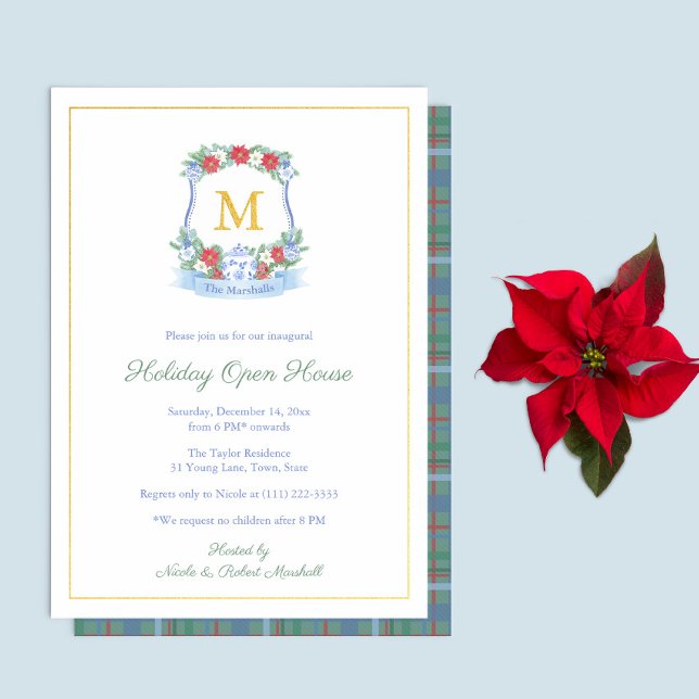 Elegantes, handgemaltes Holidays Open House Party Folieneinladung (Real foil red blue white Chinoiserie style crest invite for Christmas Holidays Open House Party)