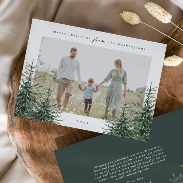 Elegantes handgemaltes Pine Tree Foto Weihnachten (Elegant Rustic Hand Painted Pine Tree Green Photo Christmas Holiday Cards.)