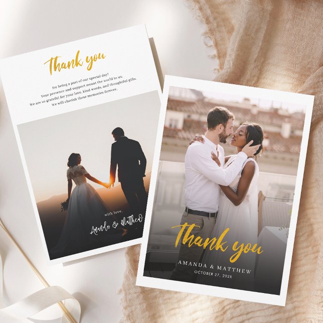 Elegantes handgeschriebenes Foto Hochzeit Dankeskarte (Modern 2 Photos Wedding Thank You Card)