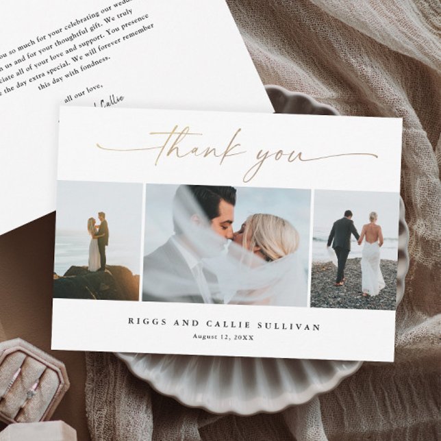 Elegantes handgeschriebenes Gold Script-Hochzeitss Dankeskarte (Elegant handwritten gold script wedding photo thank you cards.)