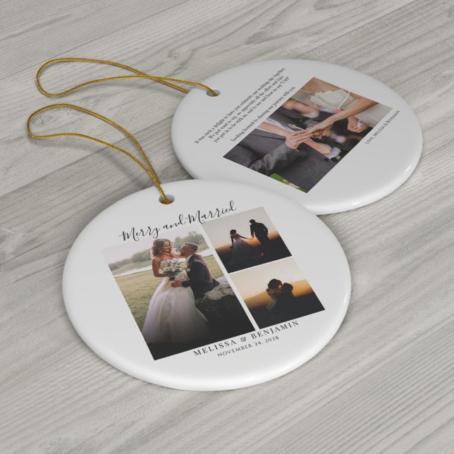 Elegantes handgeschriebenes Hochzeitssemble Foto V Keramik Ornament (Merry and Married Wedding Photos Christmas Ceramic Circle Ornament)