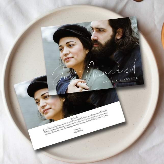 Elegantes handgeschriebenes, nur verheiratetes Hoc Ankündigung (Elegant Script Just Married _ Modern Wedding Photo Announcement )