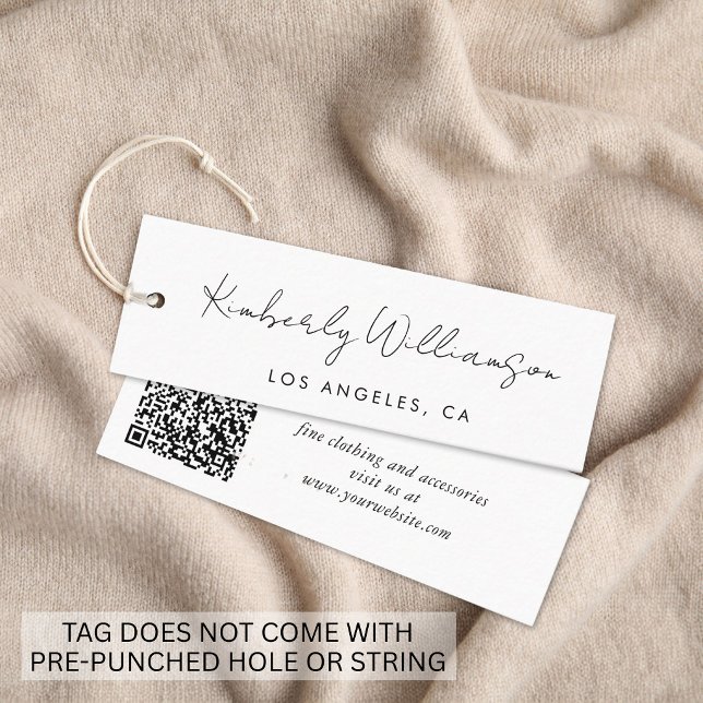 Elegantes handgeschriebenes QR-Code-Kleidungsanhän Mini Visitenkarte (Chic Handwritten Script QR Code Clothing Hang Tag)