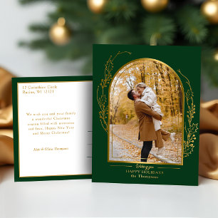 Elegantes handgezogenes Gold-Holly-Arch-Foto Folien Feiertagspostkarte