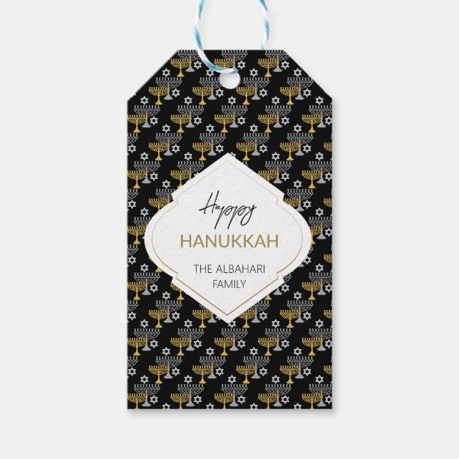 Elegantes Hanukkah Holiday Pattern Gold Geschenkanhänger (Vorderseite)