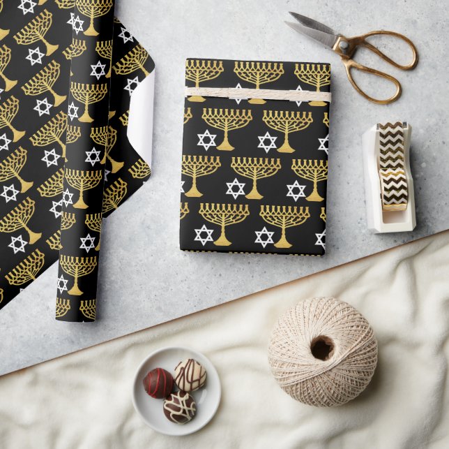 Elegantes Hanukkah Holiday Pattern Gold Geschenkpapier (Kunsthandwerk)