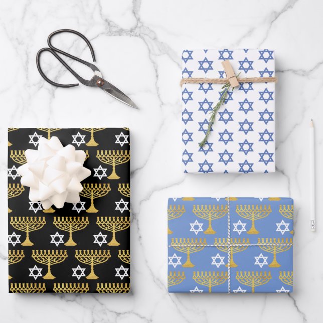 Elegantes Hanukkah Holiday Pattern Gold Geschenkpapier Set (Vorderseite)