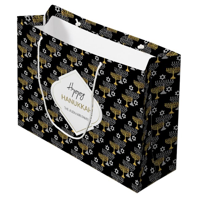 Elegantes Hanukkah Holiday Pattern Gold Große Geschenktüte (Vorderseite Schrägansicht)
